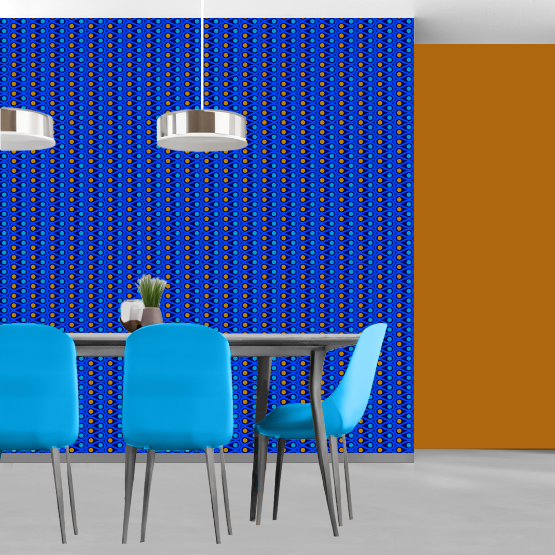 The artwork features a repetitive geometric pattern with curved, teal shapes creating loops that flow in symmetrical vertical columns. Inside the loops, there are solid circular shapes alternating between green and blue, with green circles in the left column and blue circles in the right column. The white background accentuates the vivid colors and clean lines of the design. The overall composition is balanced with a modern, vibrant aesthetic.